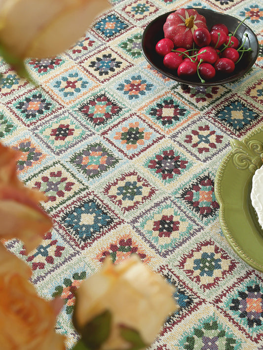 LaLuna Home Chunjiang Town Jacquard  Tablecloth with Shell Trim - Blue Crochet Pattern