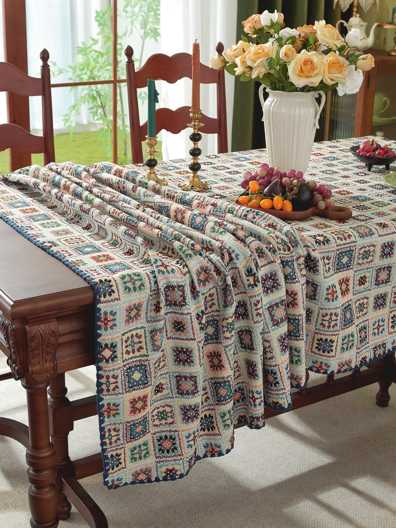 LaLuna Home Chunjiang Town Jacquard  Tablecloth with Shell Trim - Blue Crochet Pattern