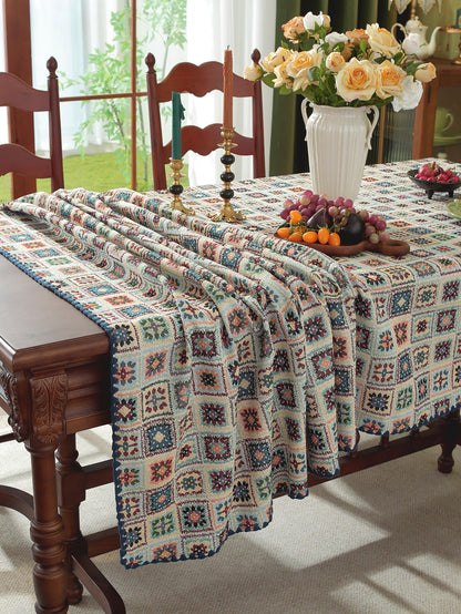 LaLuna Home Chunjiang Town Jacquard  Tablecloth with Shell Trim - Blue Crochet Pattern