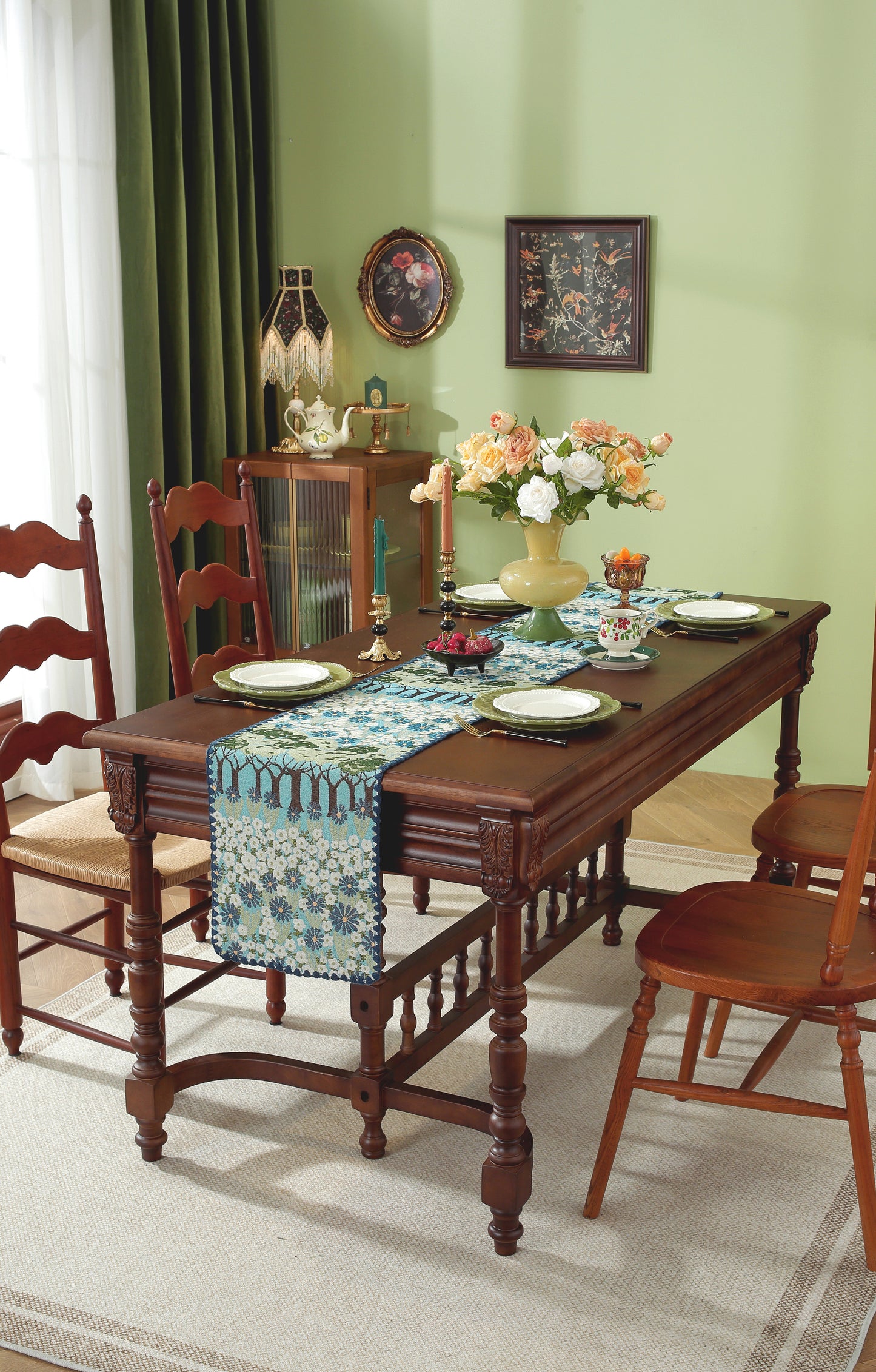 LaLuna Home Chunjiang Town Floral Jacquard Table Runner with Shell Trim - Spring Tree 35*270cm / 14*106in