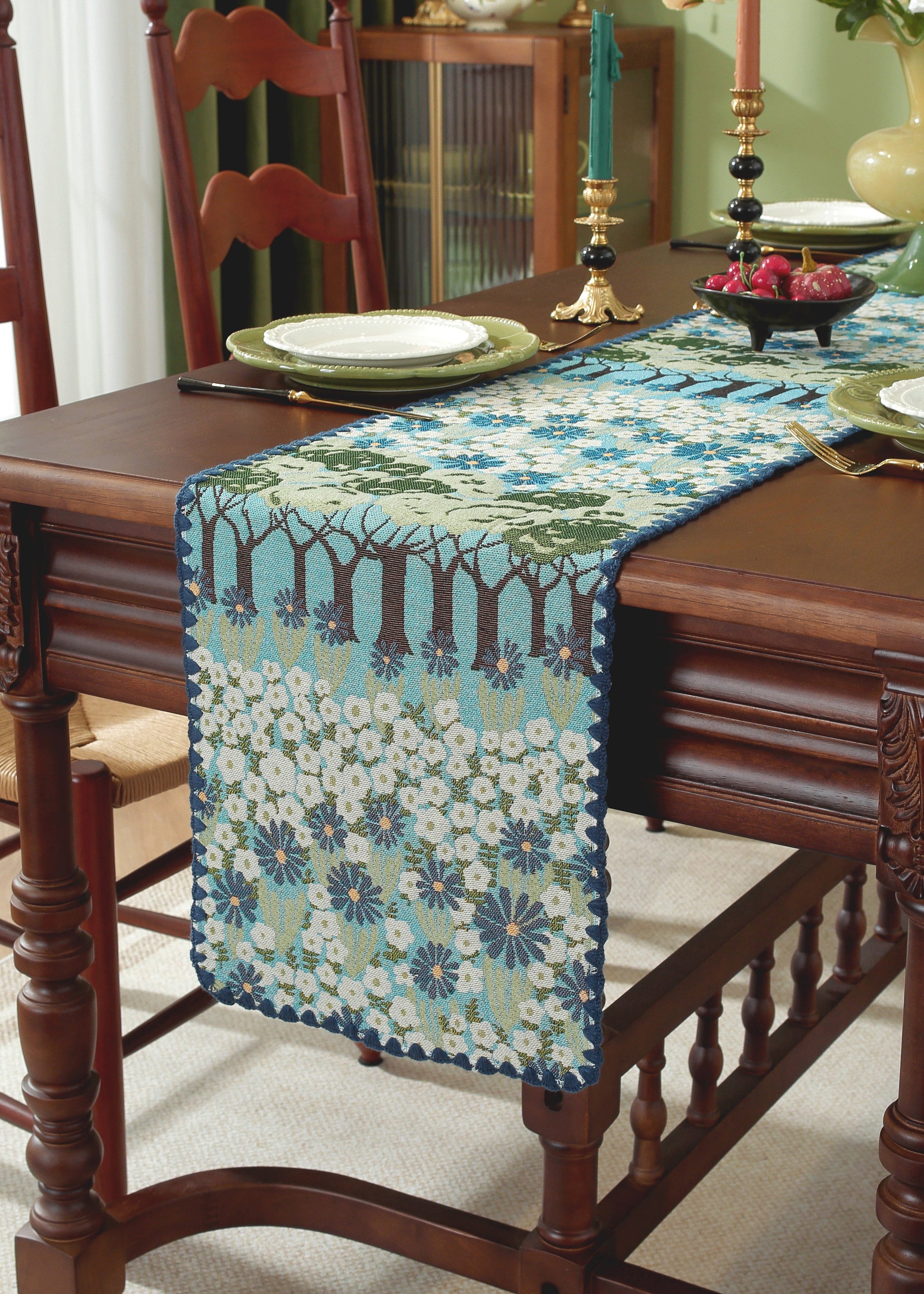 LaLuna Home Chunjiang Town Floral Jacquard Table Runner with Shell Trim - Spring Tree 35*120cm / 14*47in