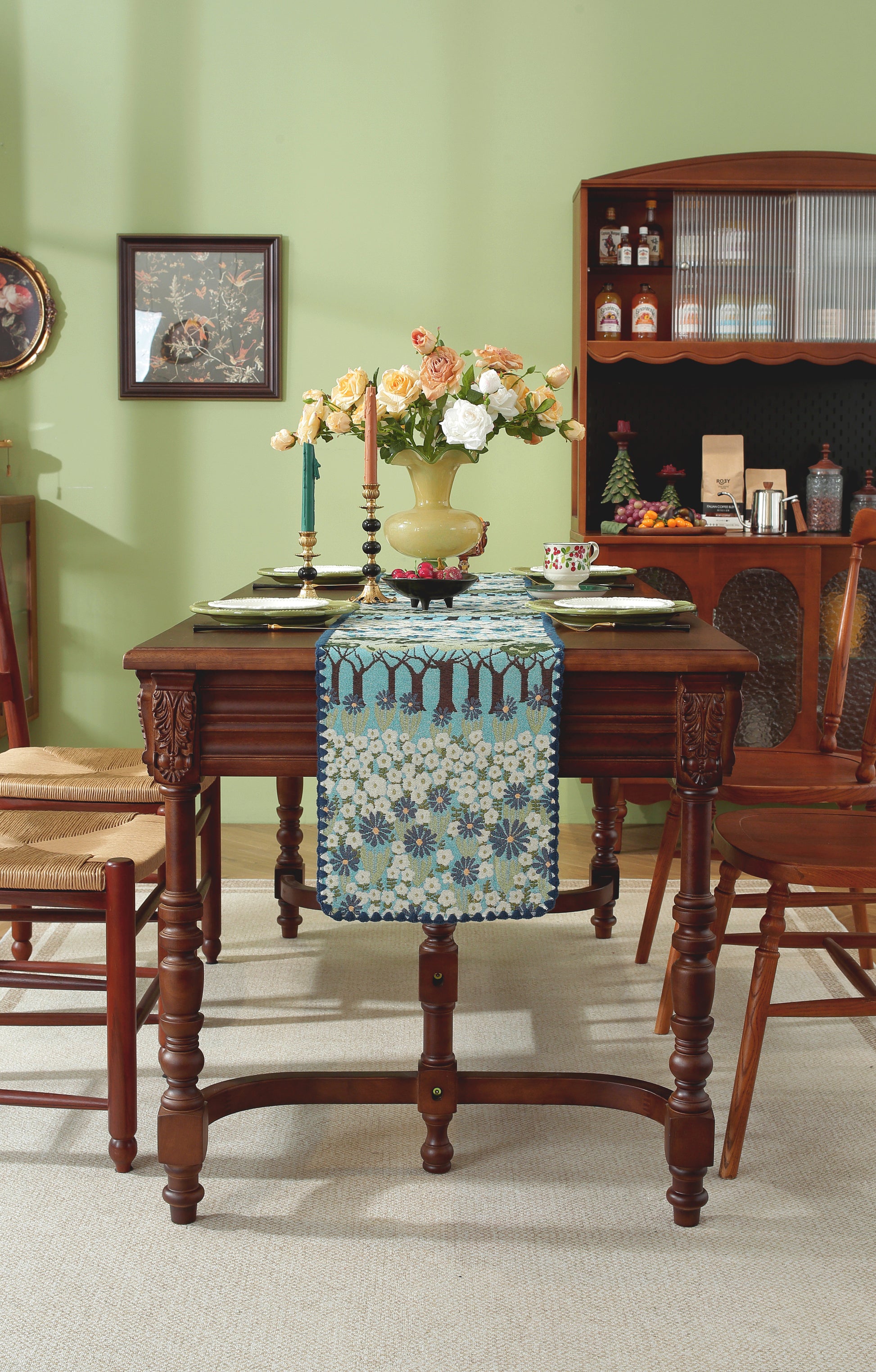 LaLuna Home Chunjiang Town Floral Jacquard Table Runner with Shell Trim - Spring Tree 35*180cm / 14*71in