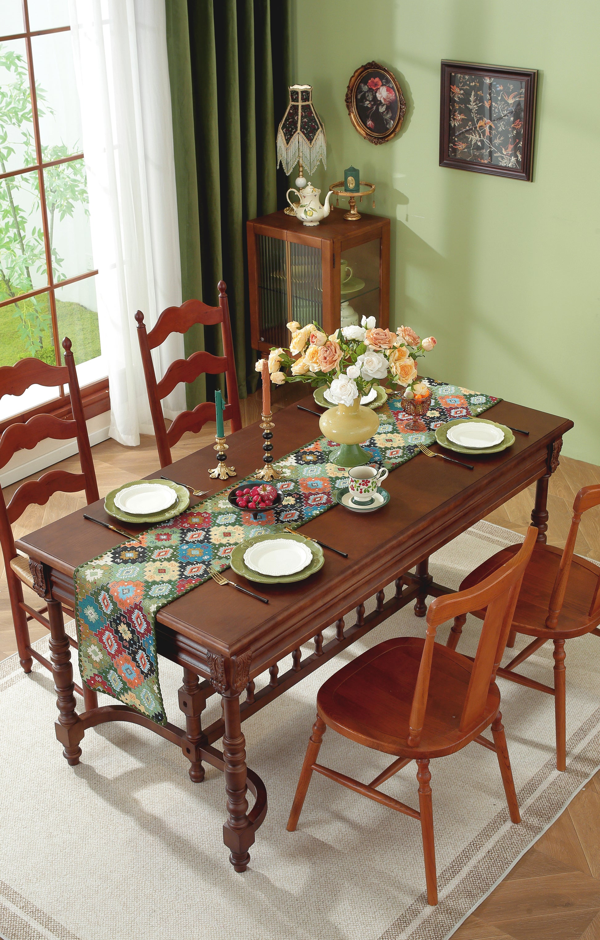 LaLuna Home Chunjiang Town Floral Jacquard Table Runner with Shell Trim - Green Patchwork 35*210cm / 14*83in