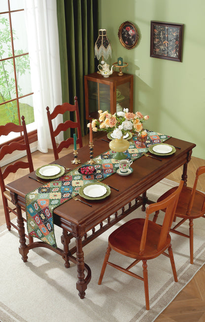LaLuna Home Chunjiang Town Floral Jacquard Table Runner with Shell Trim - Green Patchwork 35*210cm / 14*83in