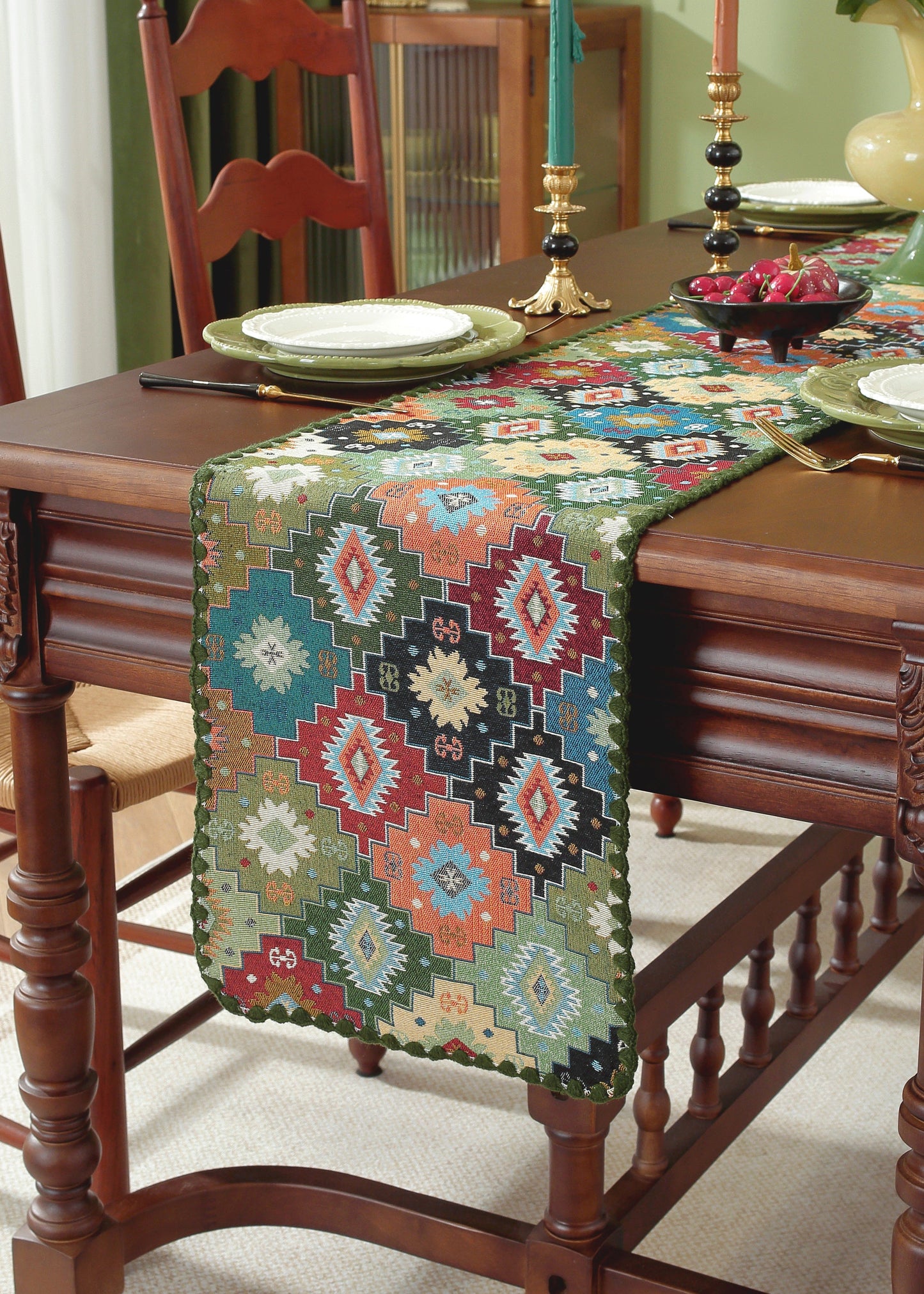 LaLuna Home Chunjiang Town Floral Jacquard Table Runner with Shell Trim - Green Patchwork 35*120cm / 14*47in