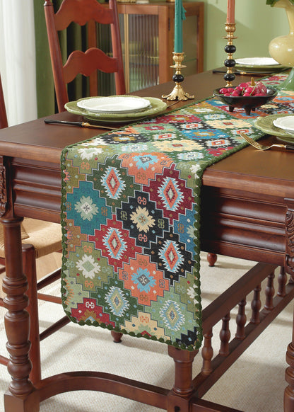 LaLuna Home Chunjiang Town Floral Jacquard Table Runner with Shell Trim - Green Patchwork 35*120cm / 14*47in