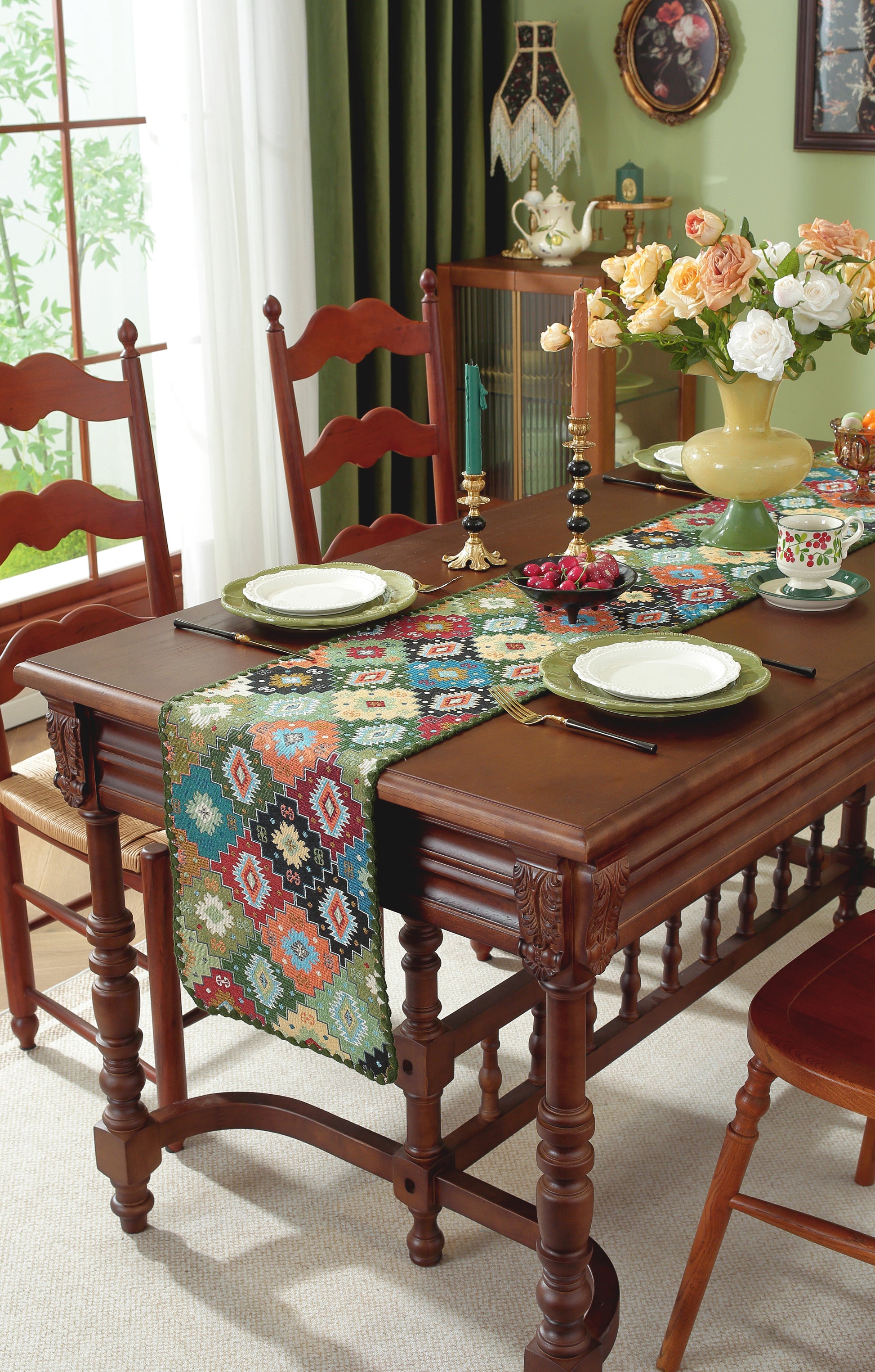 LaLuna Home Chunjiang Town Floral Jacquard Table Runner with Shell Trim - Green Patchwork 35*240cm / 14*94in