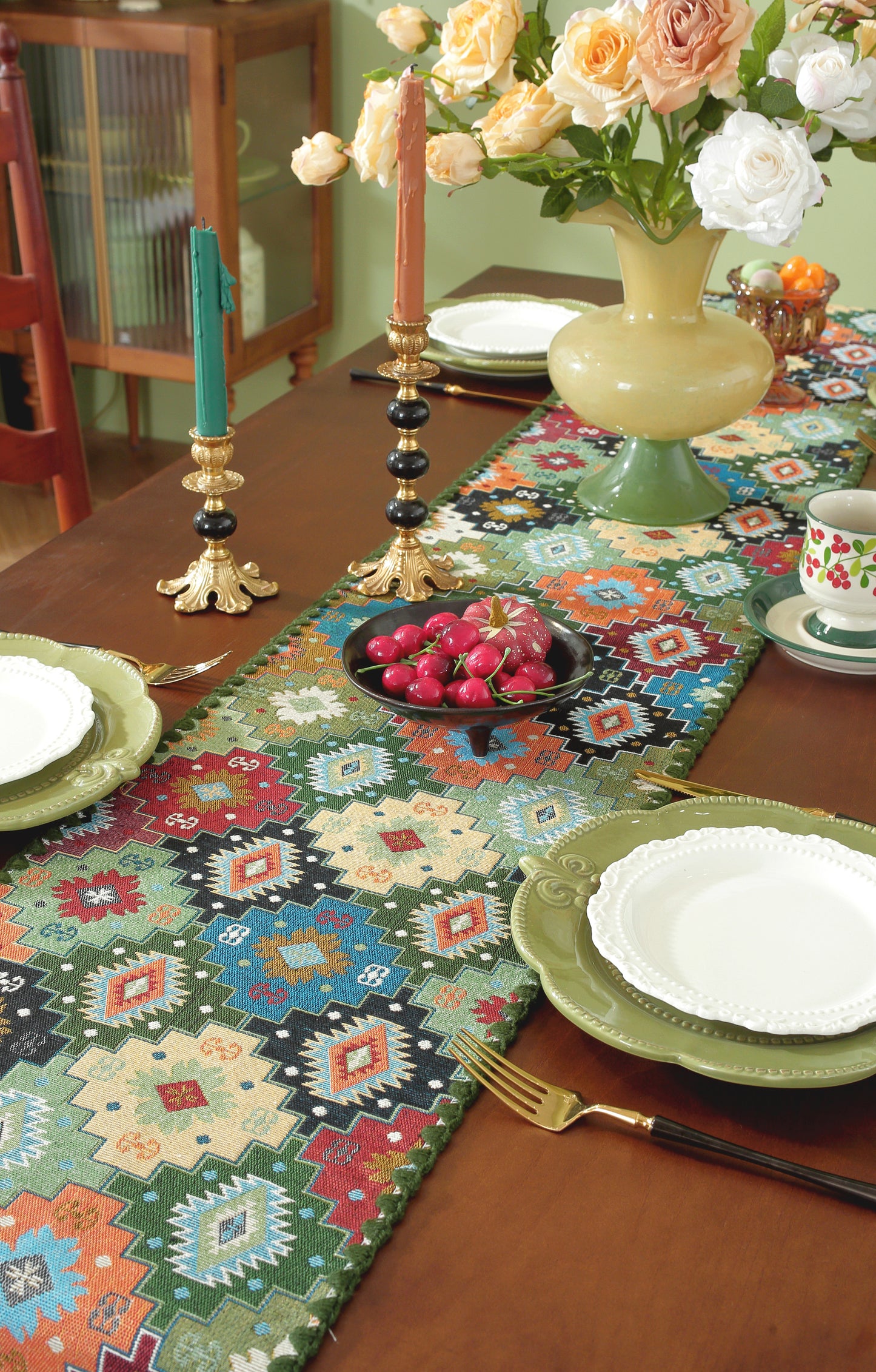 LaLuna Home Chunjiang Town Floral Jacquard Table Runner with Shell Trim - Green Patchwork 35*160cm / 14*63in