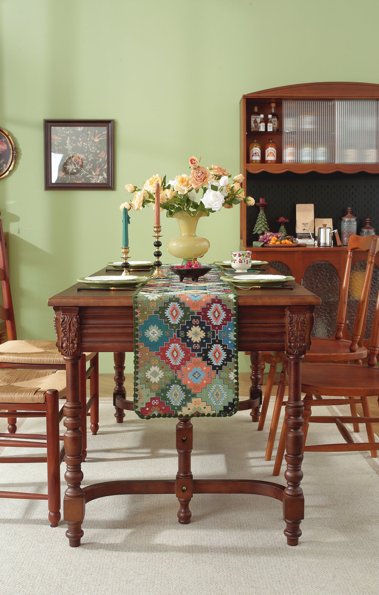 LaLuna Home Chunjiang Town Floral Jacquard Table Runner with Shell Trim - Green Patchwork 35*180cm / 14*71in
