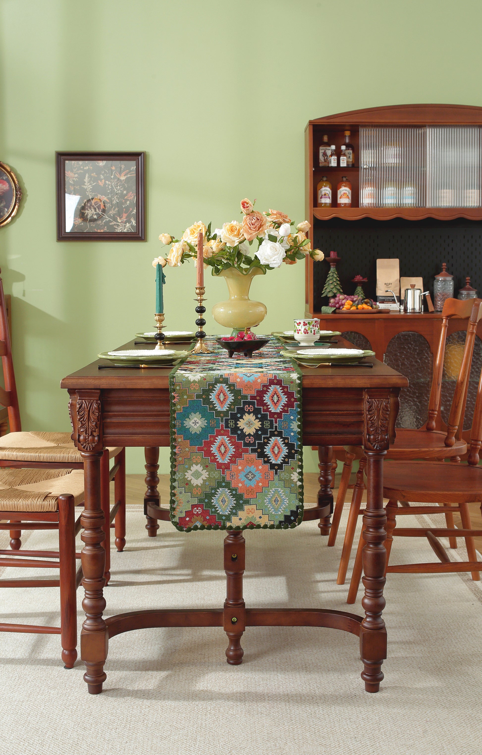 LaLuna Home Chunjiang Town Floral Jacquard Table Runner with Shell Trim - Green Patchwork 35*180cm / 14*71in