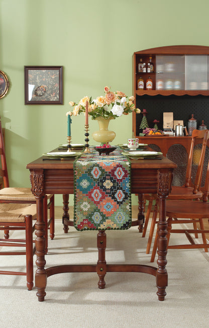 LaLuna Home Chunjiang Town Floral Jacquard Table Runner with Shell Trim - Green Patchwork 35*180cm / 14*71in