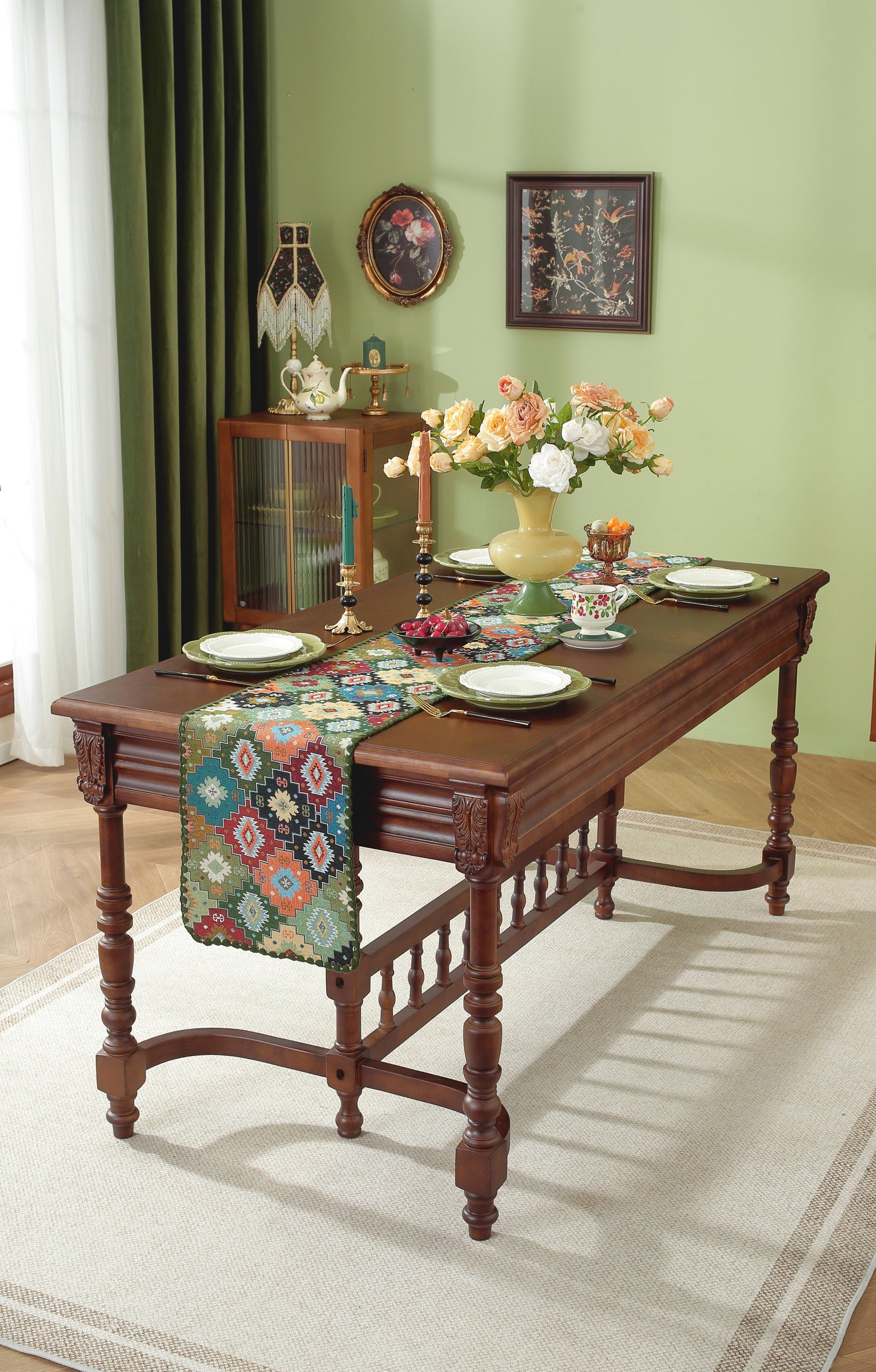 LaLuna Home Chunjiang Town Floral Jacquard Table Runner with Shell Trim - Green Patchwork 35*270cm / 14*106in