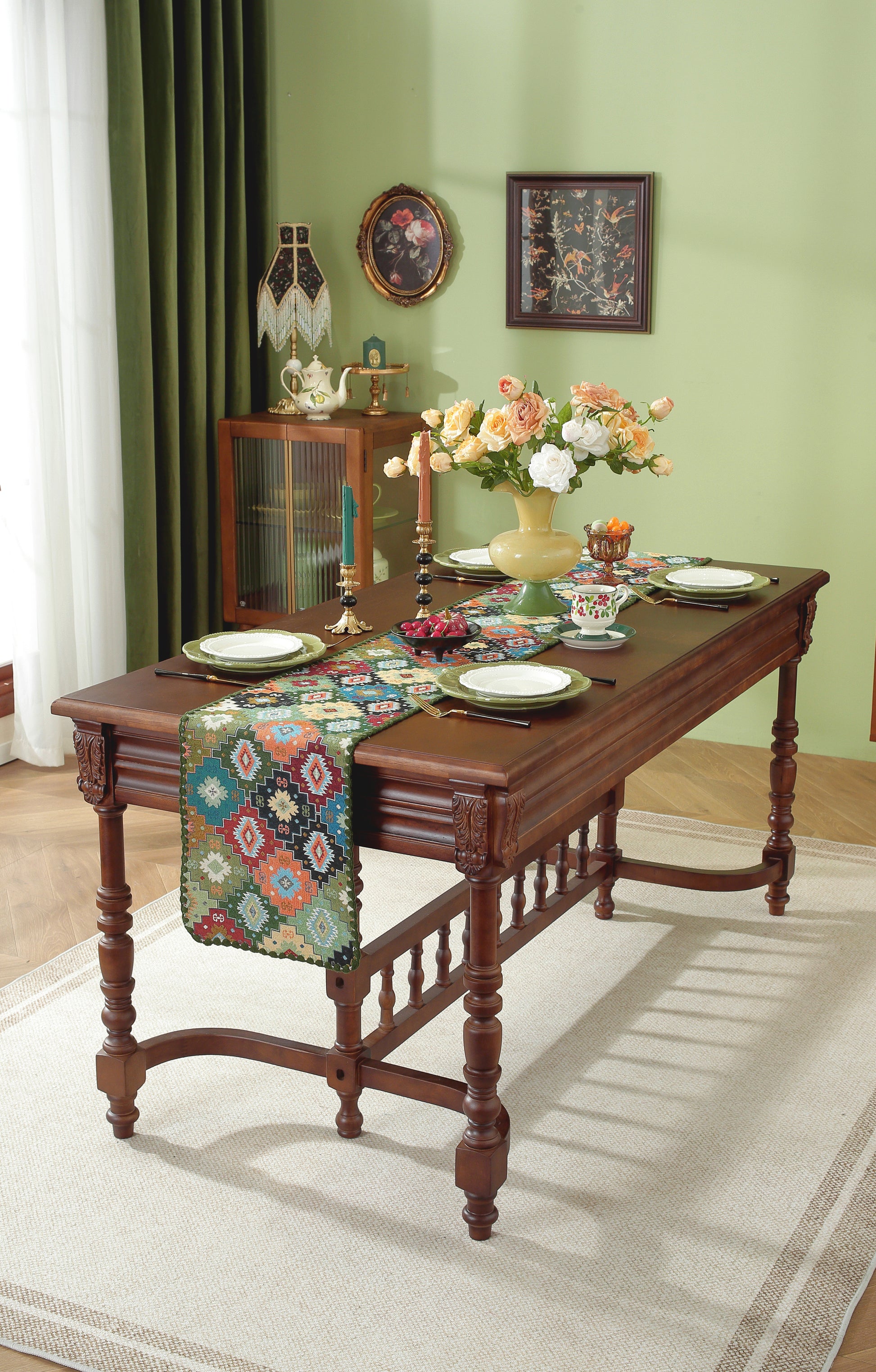 LaLuna Home Chunjiang Town Floral Jacquard Table Runner with Shell Trim - Green Patchwork 35*270cm / 14*106in