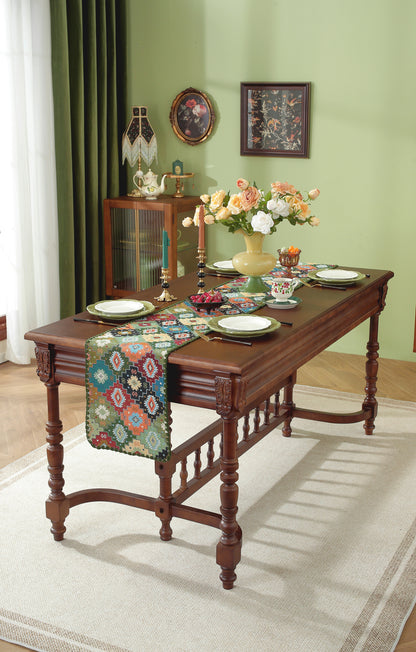 LaLuna Home Chunjiang Town Floral Jacquard Table Runner with Shell Trim - Green Patchwork 35*270cm / 14*106in