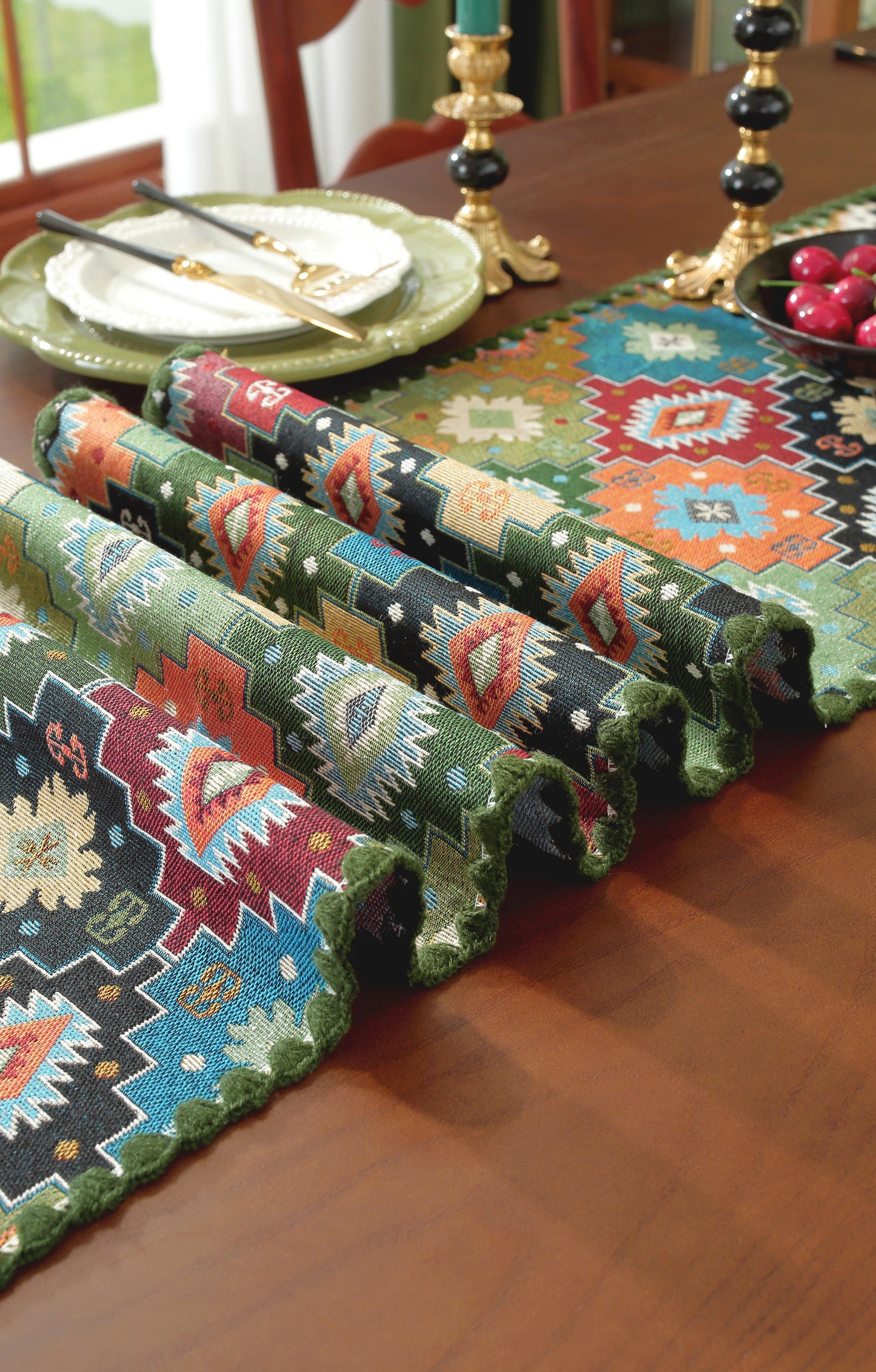 LaLuna Home Chunjiang Town Floral Jacquard Table Runner with Shell Trim - Green Patchwork 35*350cm / 14*138in