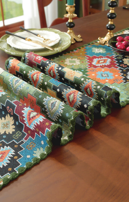 LaLuna Home Chunjiang Town Floral Jacquard Table Runner with Shell Trim - Green Patchwork 35*350cm / 14*138in
