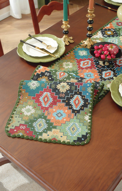 LaLuna Home Chunjiang Town Floral Jacquard Table Runner with Shell Trim - Green Patchwork 35*300cm / 14*118in