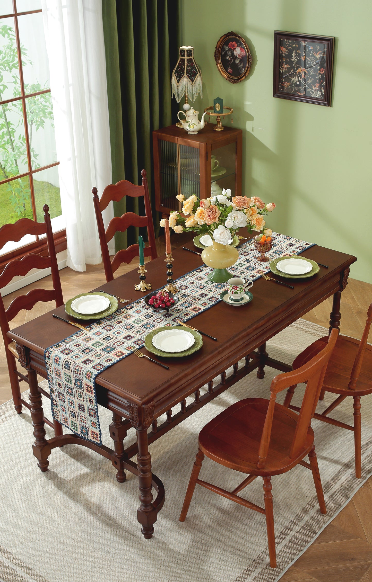 LaLuna Home Chunjiang Town Floral Jacquard Table Runner with Shell Trim - Blue Crochet Pattern 35*210cm / 14*83in