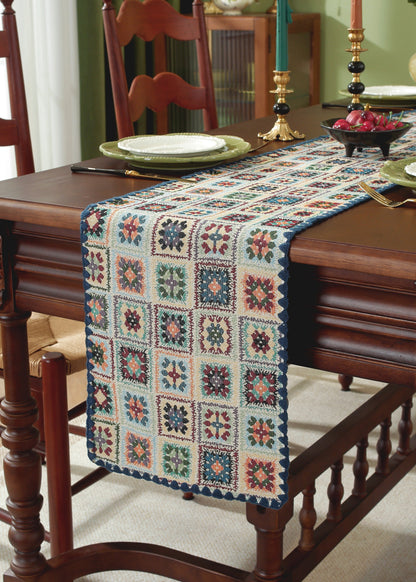 LaLuna Home Chunjiang Town Floral Jacquard Table Runner with Shell Trim - Blue Crochet Pattern 35*120cm / 14*47in