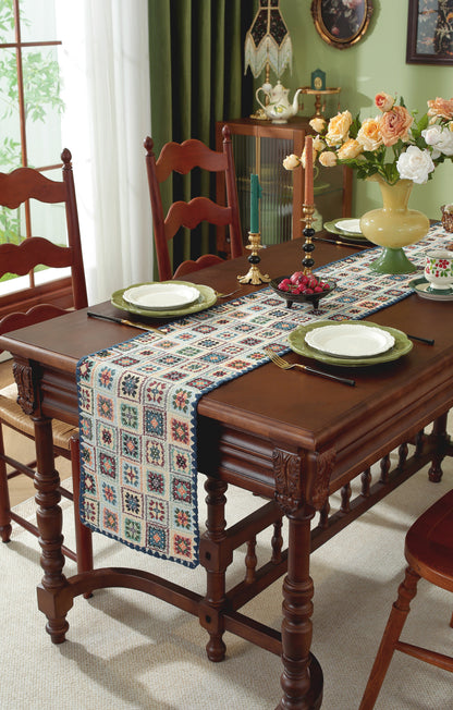 LaLuna Home Chunjiang Town Floral Jacquard Table Runner with Shell Trim - Blue Crochet Pattern 35*240cm / 14*94in