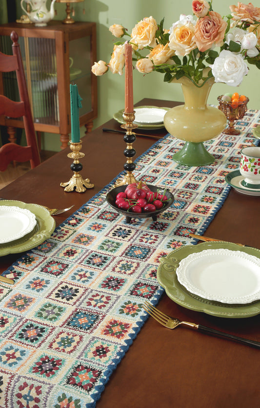 LaLuna Home Chunjiang Town Floral Jacquard Table Runner with Shell Trim - Blue Crochet Pattern 35*160cm / 14*63in