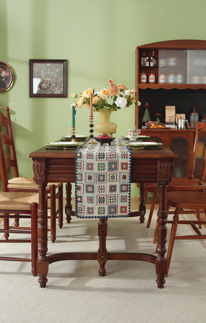 LaLuna Home Chunjiang Town Floral Jacquard Table Runner with Shell Trim - Blue Crochet Pattern 35*180cm / 14*71in