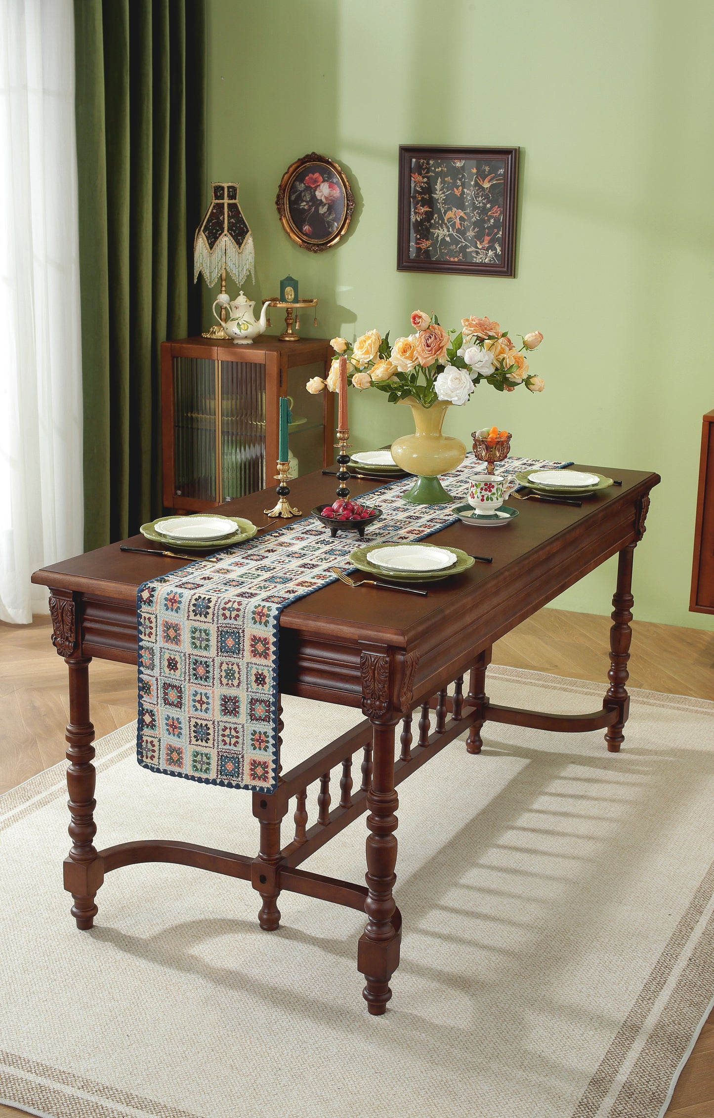 LaLuna Home Chunjiang Town Floral Jacquard Table Runner with Shell Trim - Blue Crochet Pattern 35*270cm / 14*106in