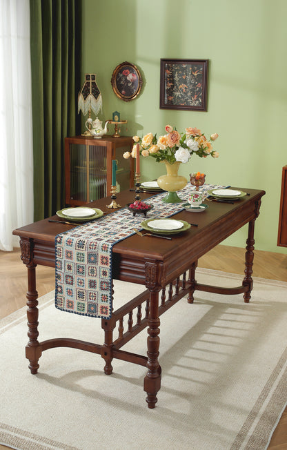 LaLuna Home Chunjiang Town Floral Jacquard Table Runner with Shell Trim - Blue Crochet Pattern 35*270cm / 14*106in