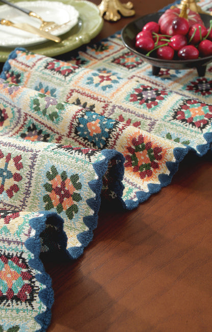 LaLuna Home Chunjiang Town Floral Jacquard Table Runner with Shell Trim - Blue Crochet Pattern 35*300cm / 14*118in