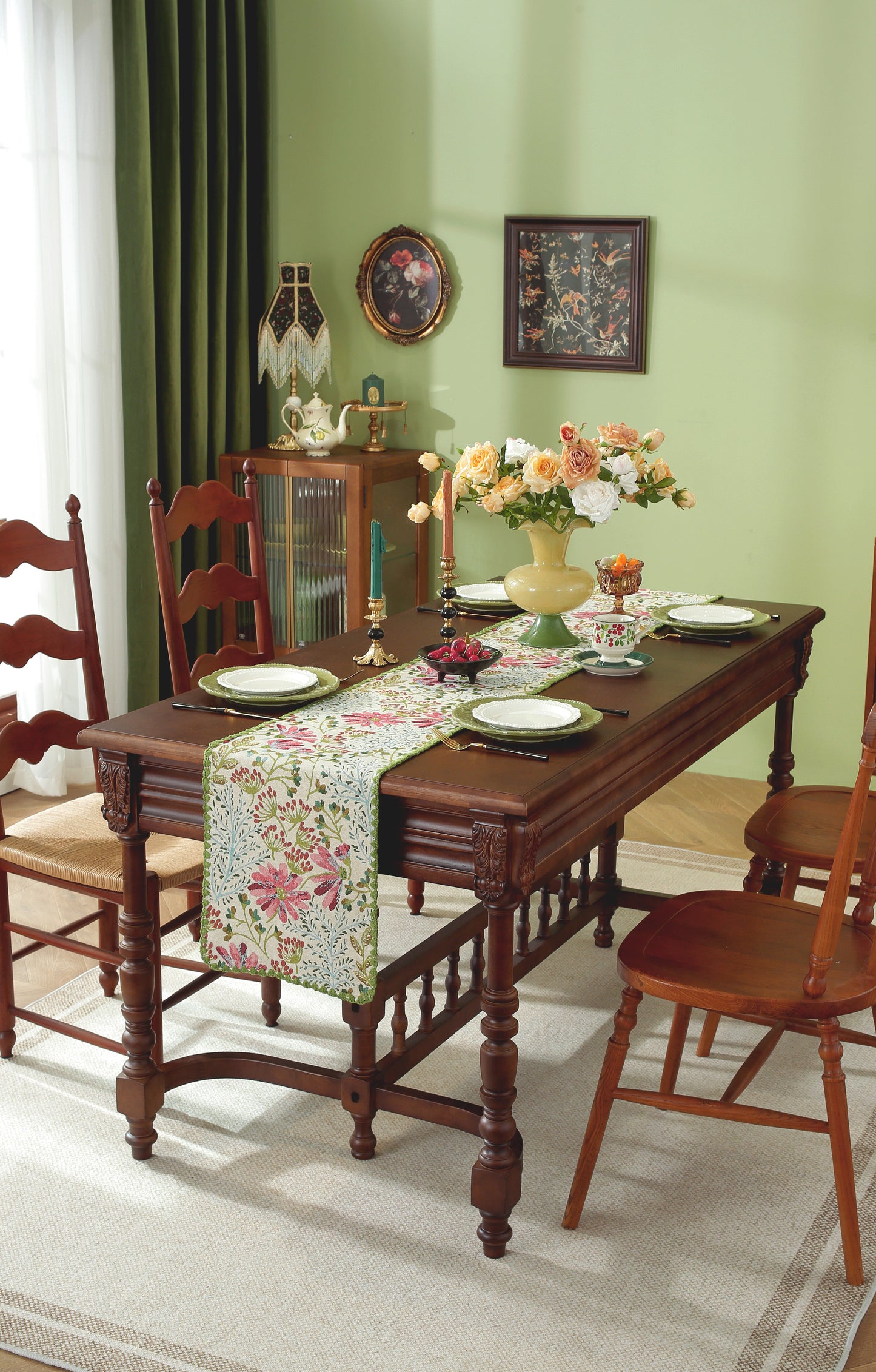 LaLuna Home Chunjiang Town Floral Jacquard Table Runner with Shell Trim - Spring Town 35*270cm / 14*106in