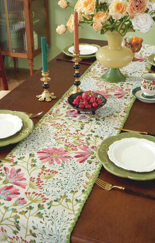 LaLuna Home Chunjiang Town Floral Jacquard Table Runner with Shell Trim - Spring Town 35*160cm / 14*63in