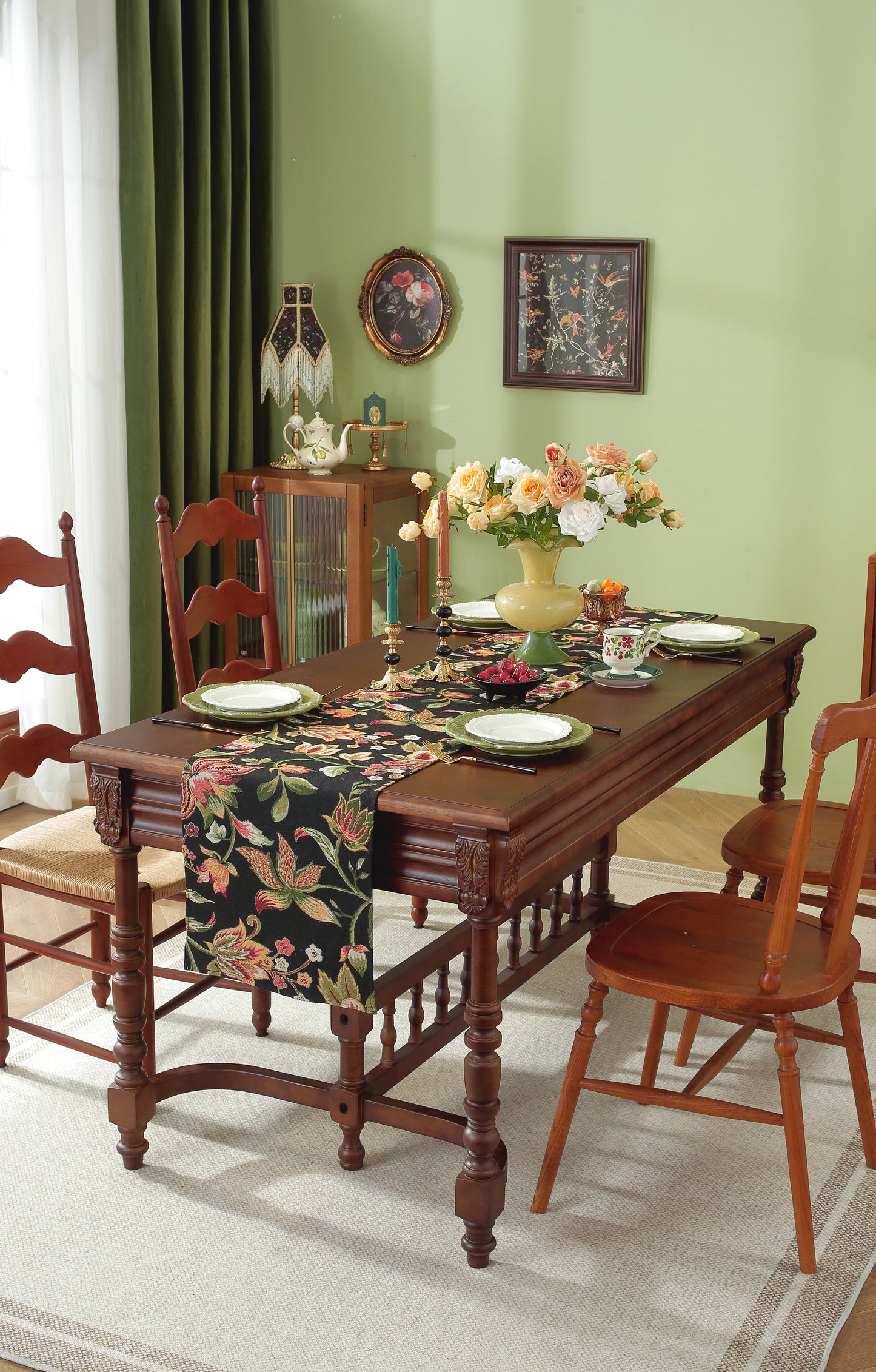 LaLuna Home Chunjiang Town Floral Jacquard Table Runner - Dark Night 35*270cm / 14*106in