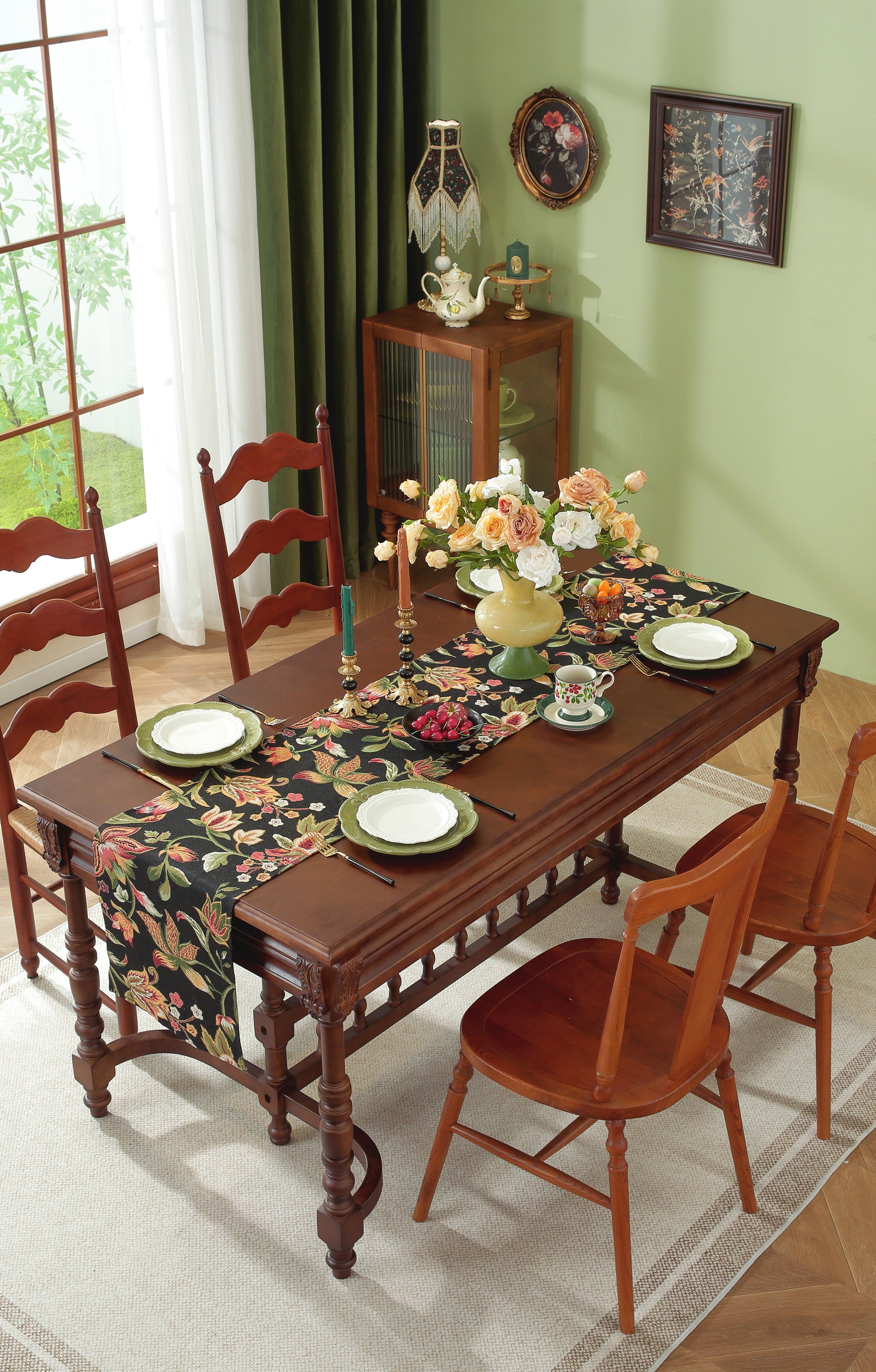 LaLuna Home Chunjiang Town Floral Jacquard Table Runner - Dark Night 35*210cm / 14*83in