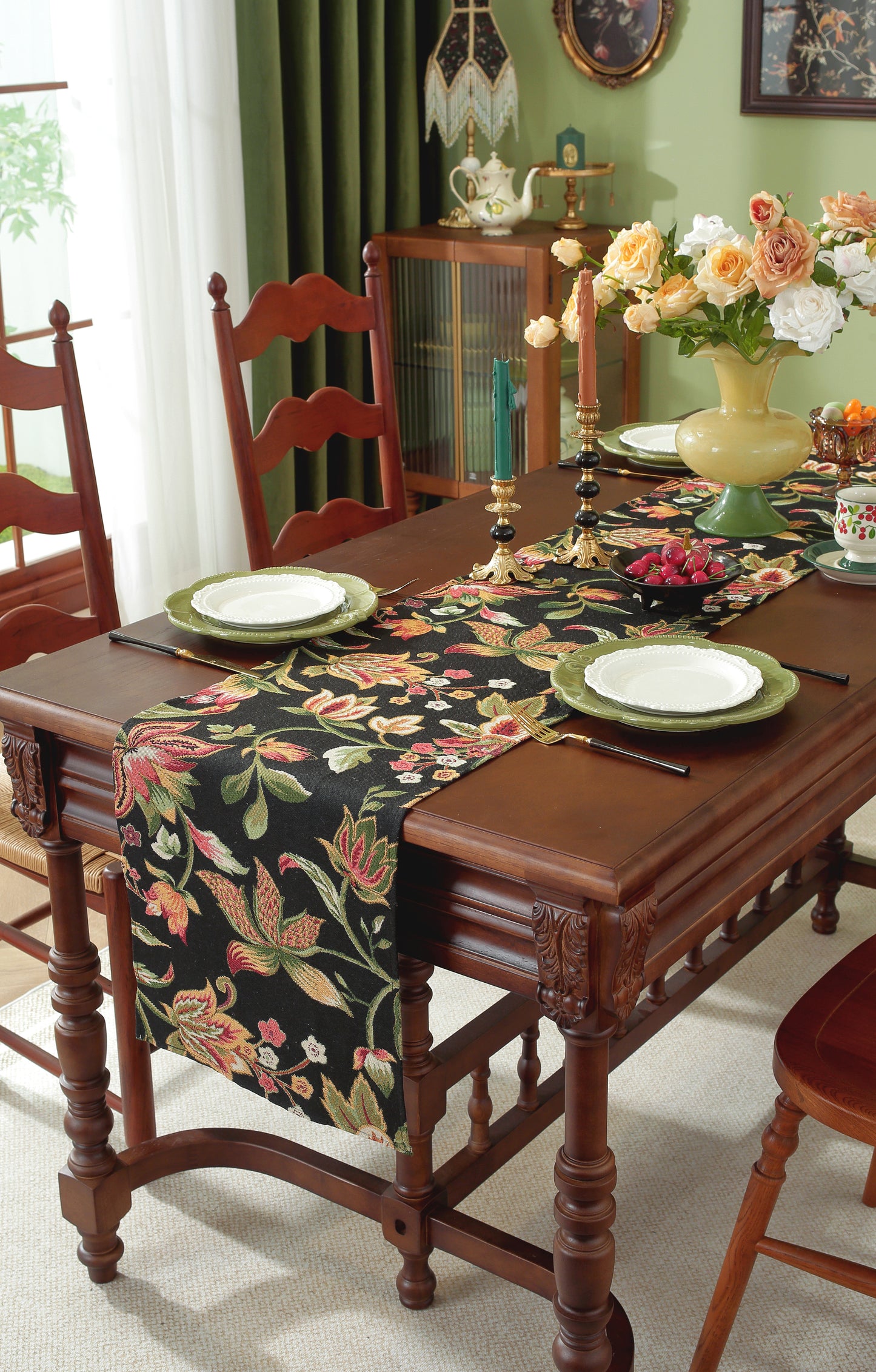 LaLuna Home Chunjiang Town Floral Jacquard Table Runner - Dark Night 35*240cm / 14*94in