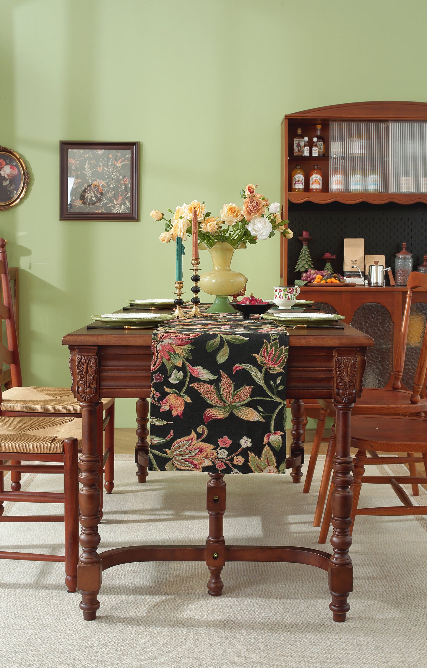 LaLuna Home Chunjiang Town Floral Jacquard Table Runner - Dark Night 35*180cm / 14*71in