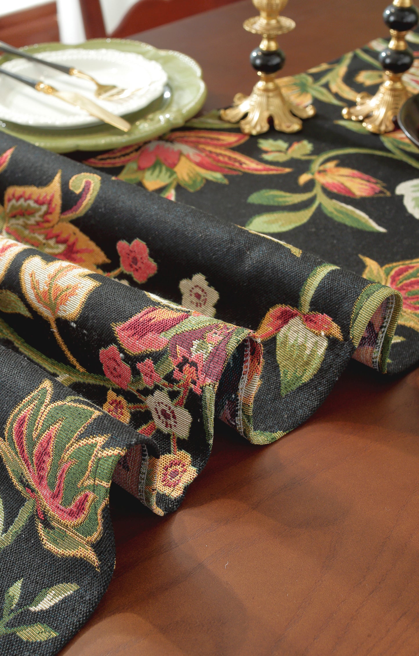 LaLuna Home Chunjiang Town Floral Jacquard Table Runner - Dark Night 35*350cm / 14*138in