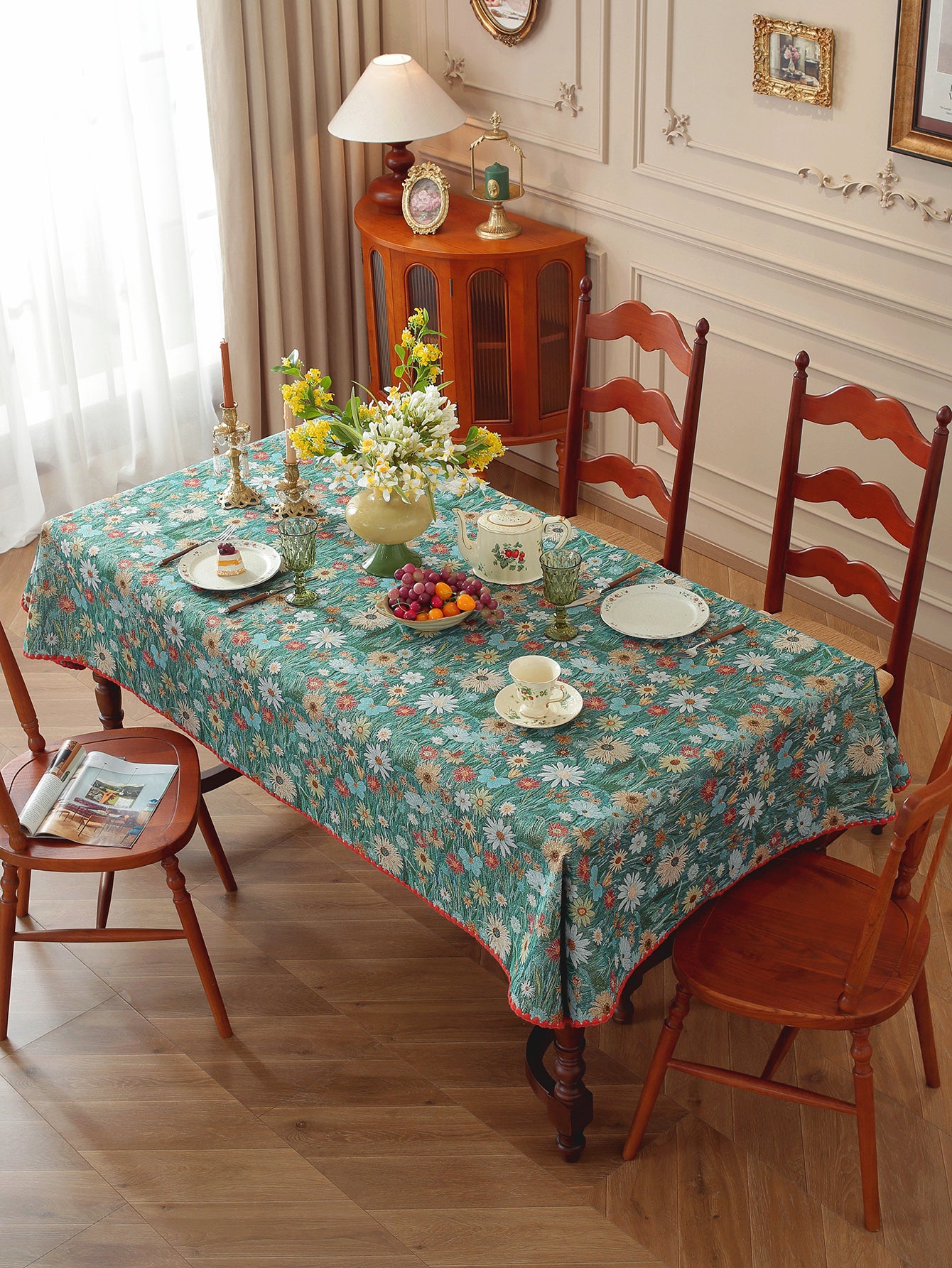 LaLuna Home Golden Thread Floral Jacquard  Tablecloth with Shell Trim - Colorful Chrysanthemum