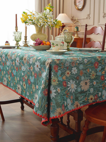 LaLuna Home Golden Thread Floral Jacquard  Tablecloth with Shell Trim - Colorful Chrysanthemum