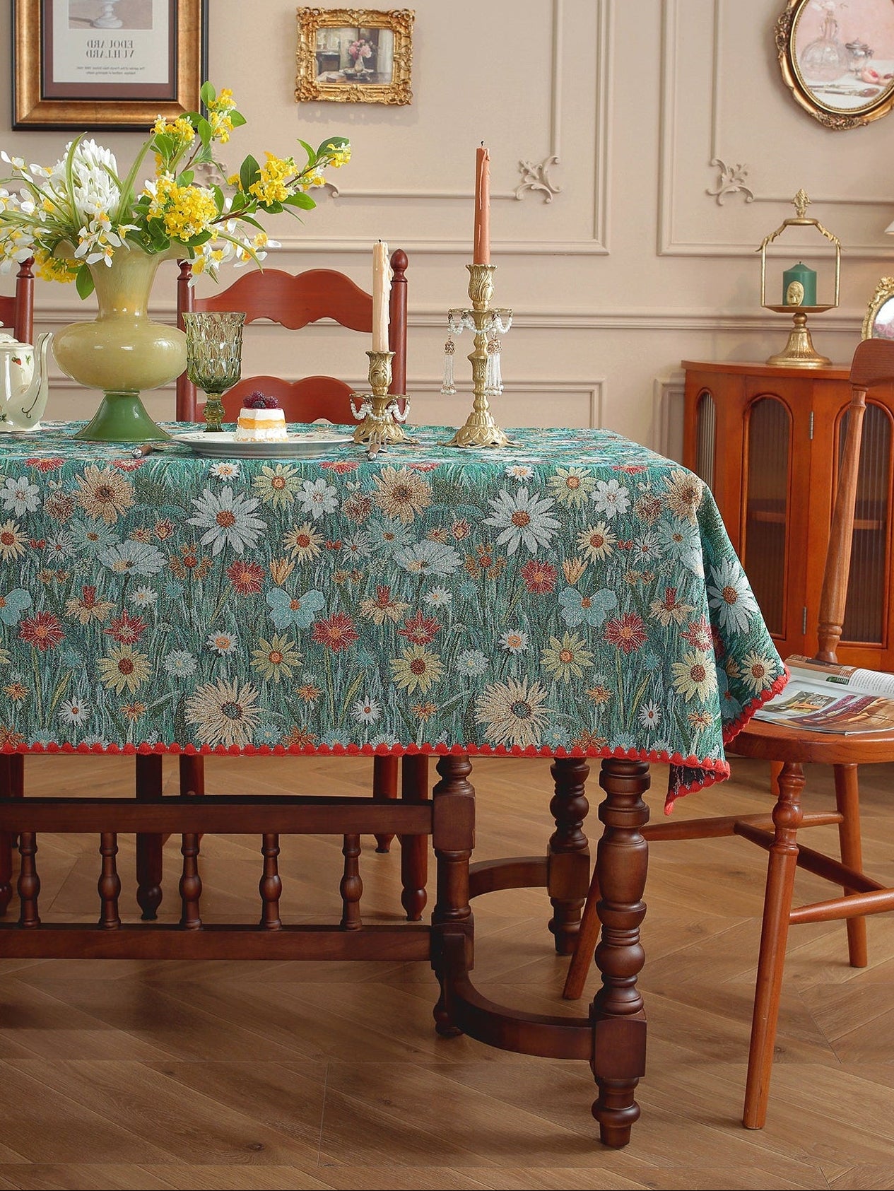 LaLuna Home Golden Thread Floral Jacquard  Tablecloth with Shell Trim - Colorful Chrysanthemum