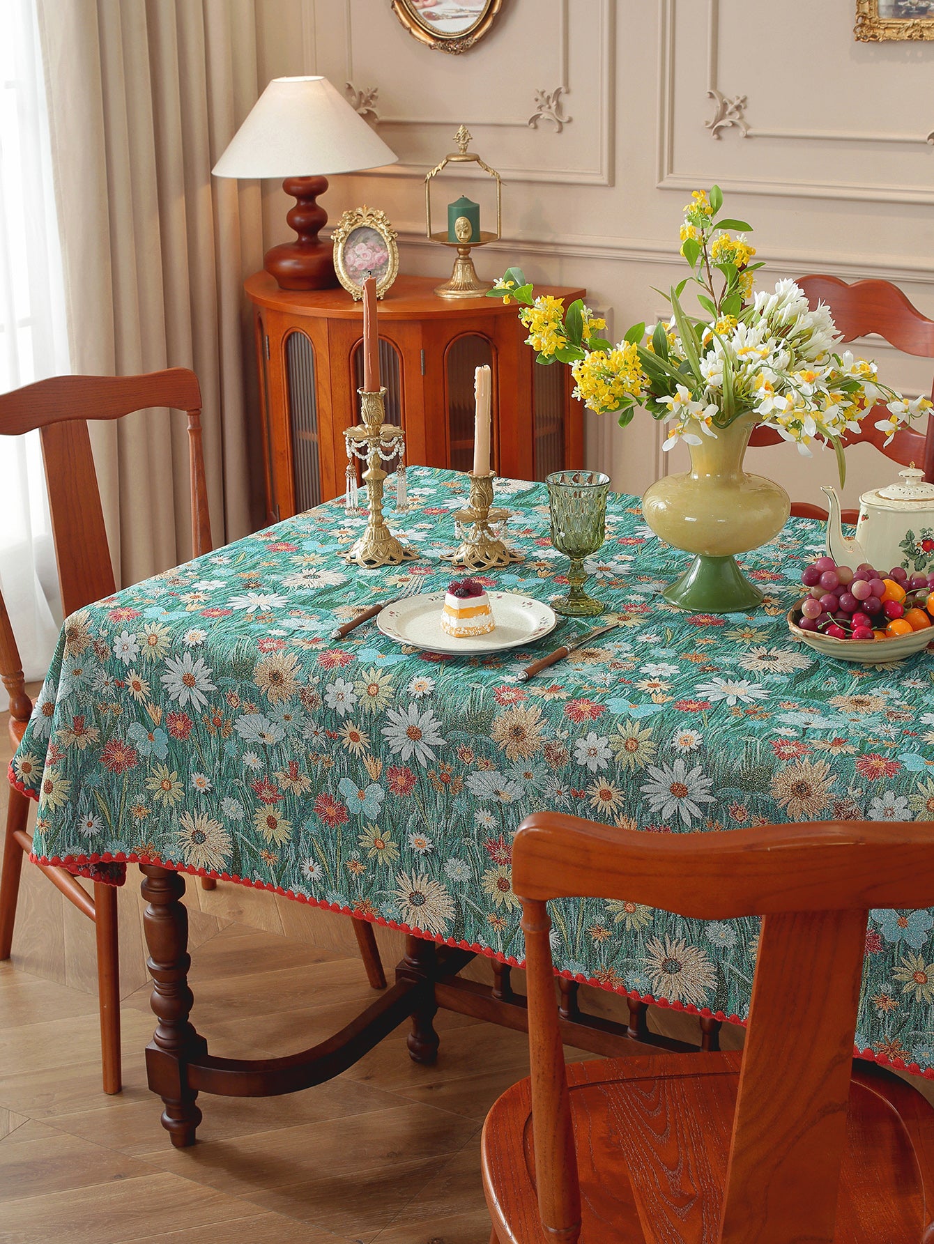 LaLuna Home Golden Thread Floral Jacquard  Tablecloth with Shell Trim - Colorful Chrysanthemum