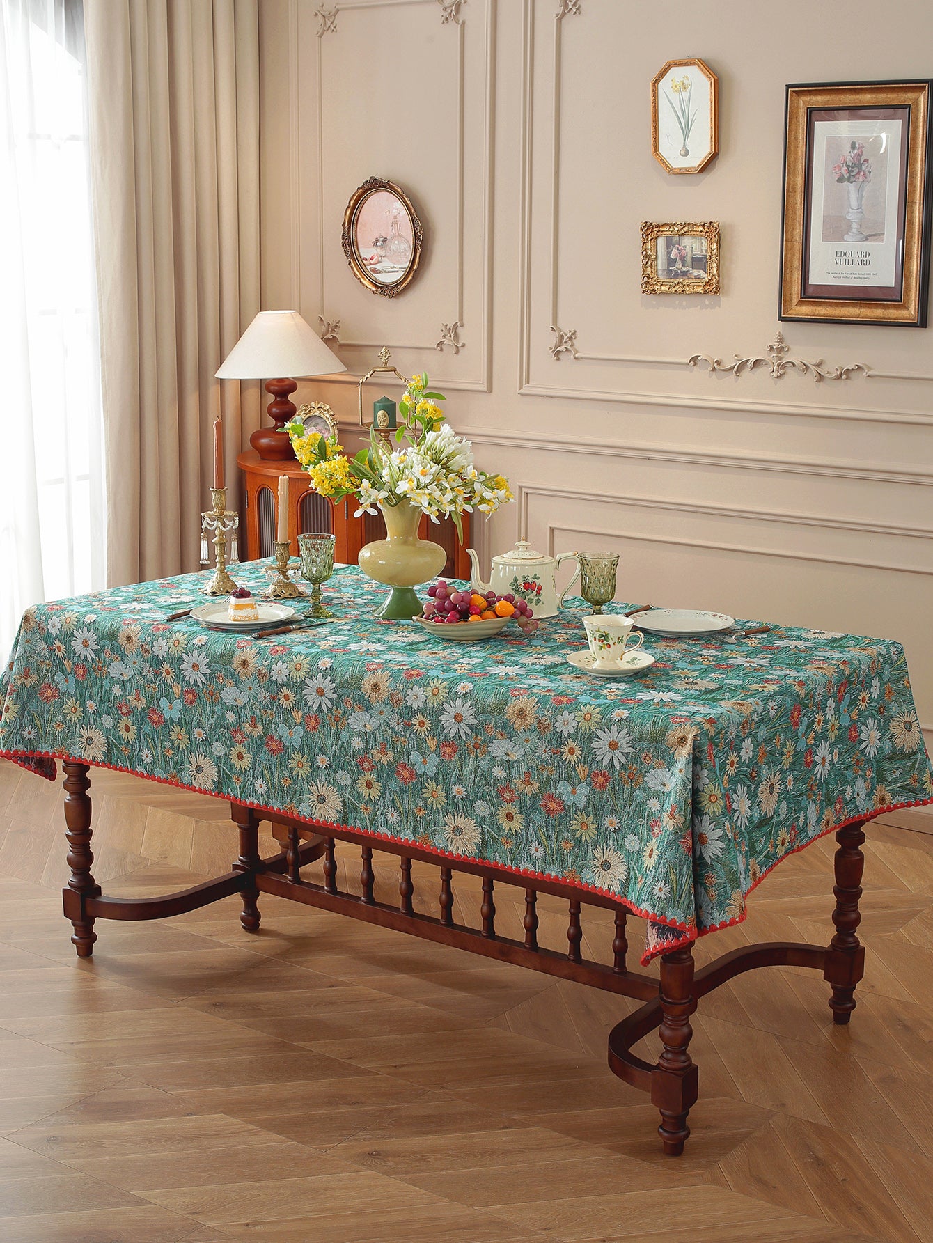 LaLuna Home Golden Thread Floral Jacquard  Tablecloth with Shell Trim - Colorful Chrysanthemum