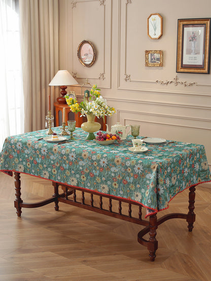LaLuna Home Golden Thread Floral Jacquard  Tablecloth with Shell Trim - Colorful Chrysanthemum