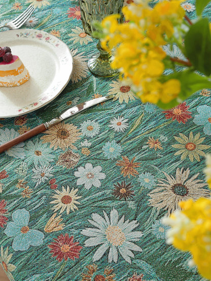 LaLuna Home Golden Thread Floral Jacquard  Tablecloth with Shell Trim - Colorful Chrysanthemum
