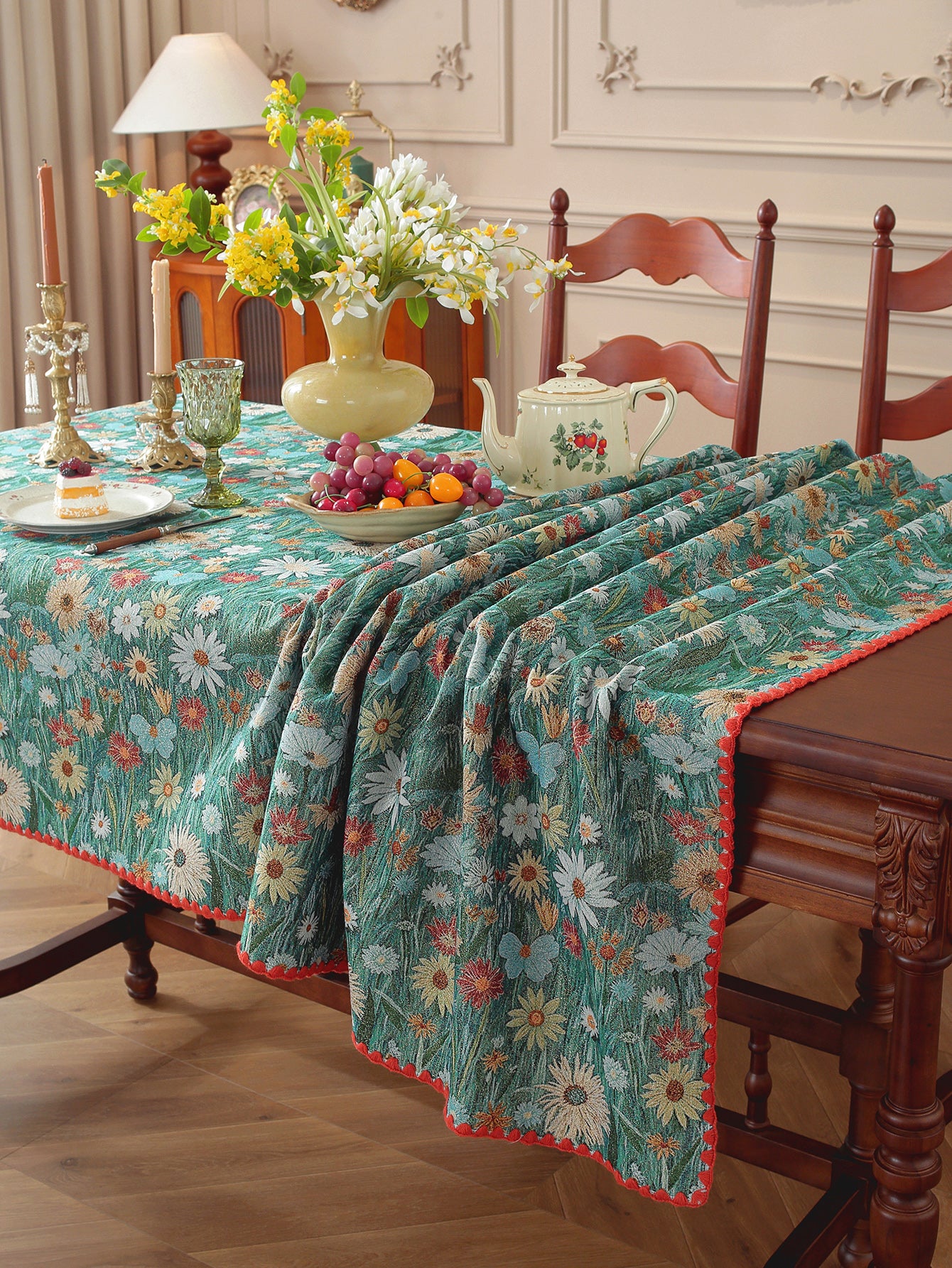 LaLuna Home Golden Thread Floral Jacquard  Tablecloth with Shell Trim - Colorful Chrysanthemum