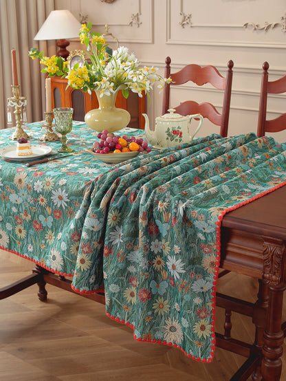 LaLuna Home Golden Thread Floral Jacquard  Tablecloth with Shell Trim - Colorful Chrysanthemum