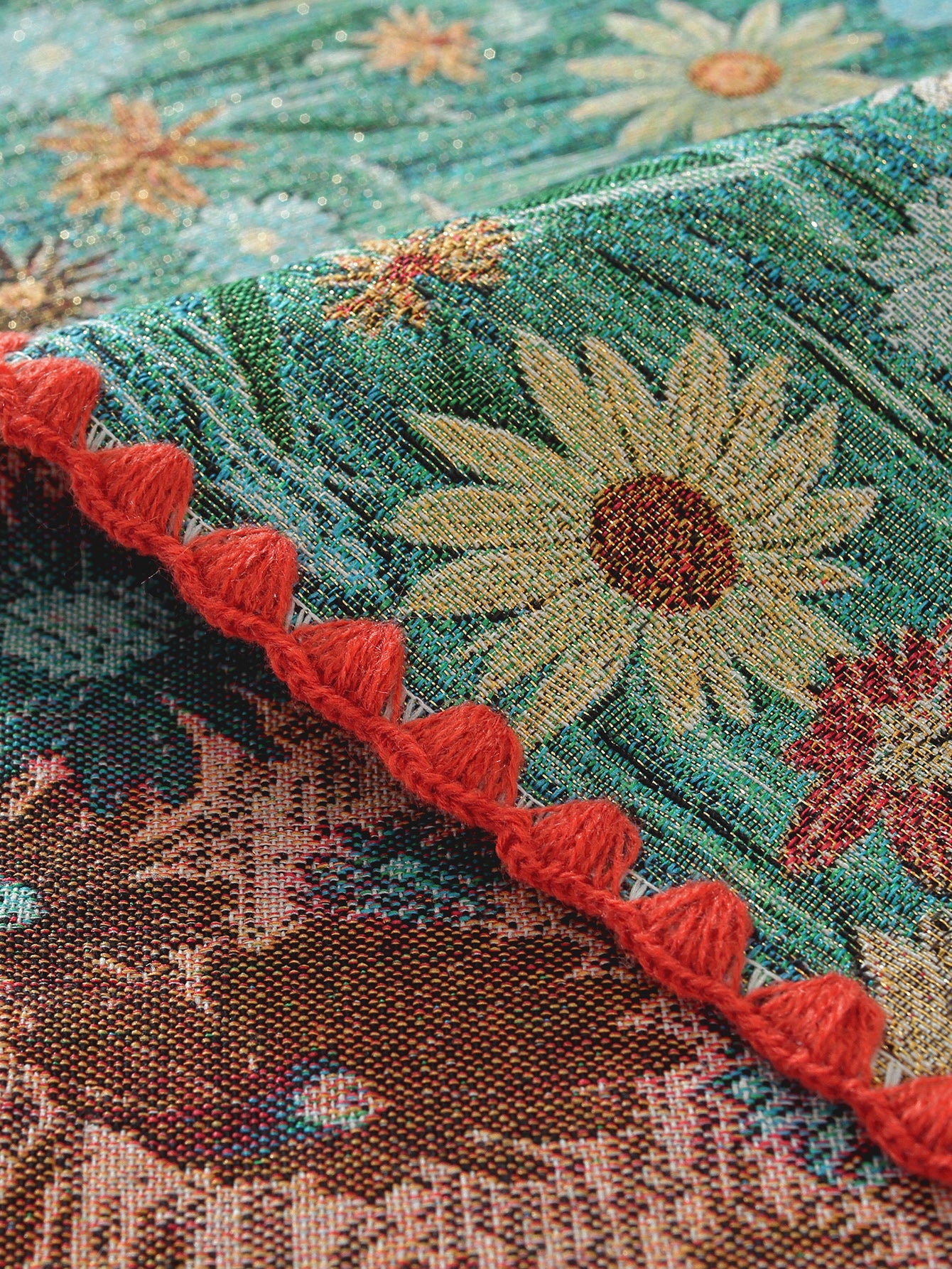 LaLuna Home Golden Thread Floral Jacquard  Tablecloth with Shell Trim - Colorful Chrysanthemum