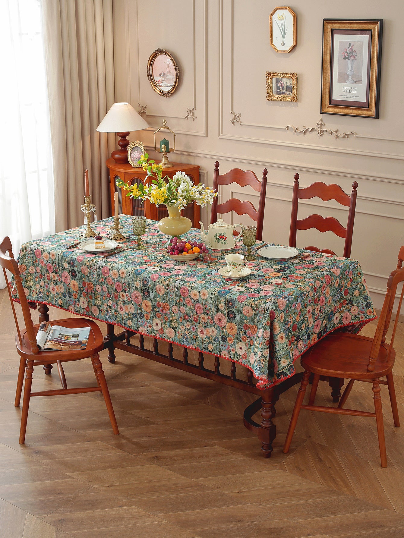 LaLuna Home Golden Thread Floral Jacquard  Tablecloth with Shell Trim - Peony