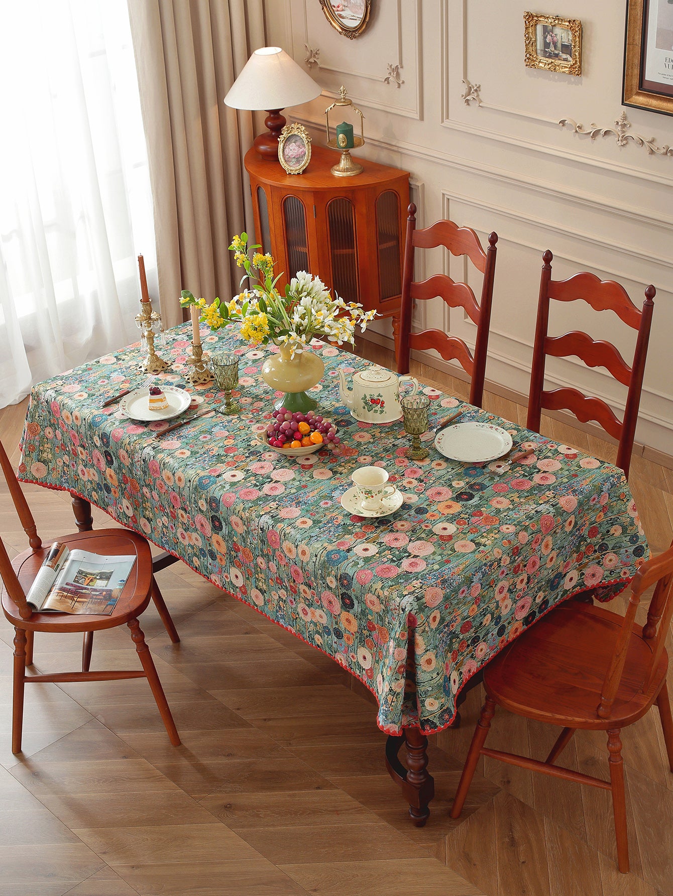 LaLuna Home Golden Thread Floral Jacquard  Tablecloth with Shell Trim - Peony