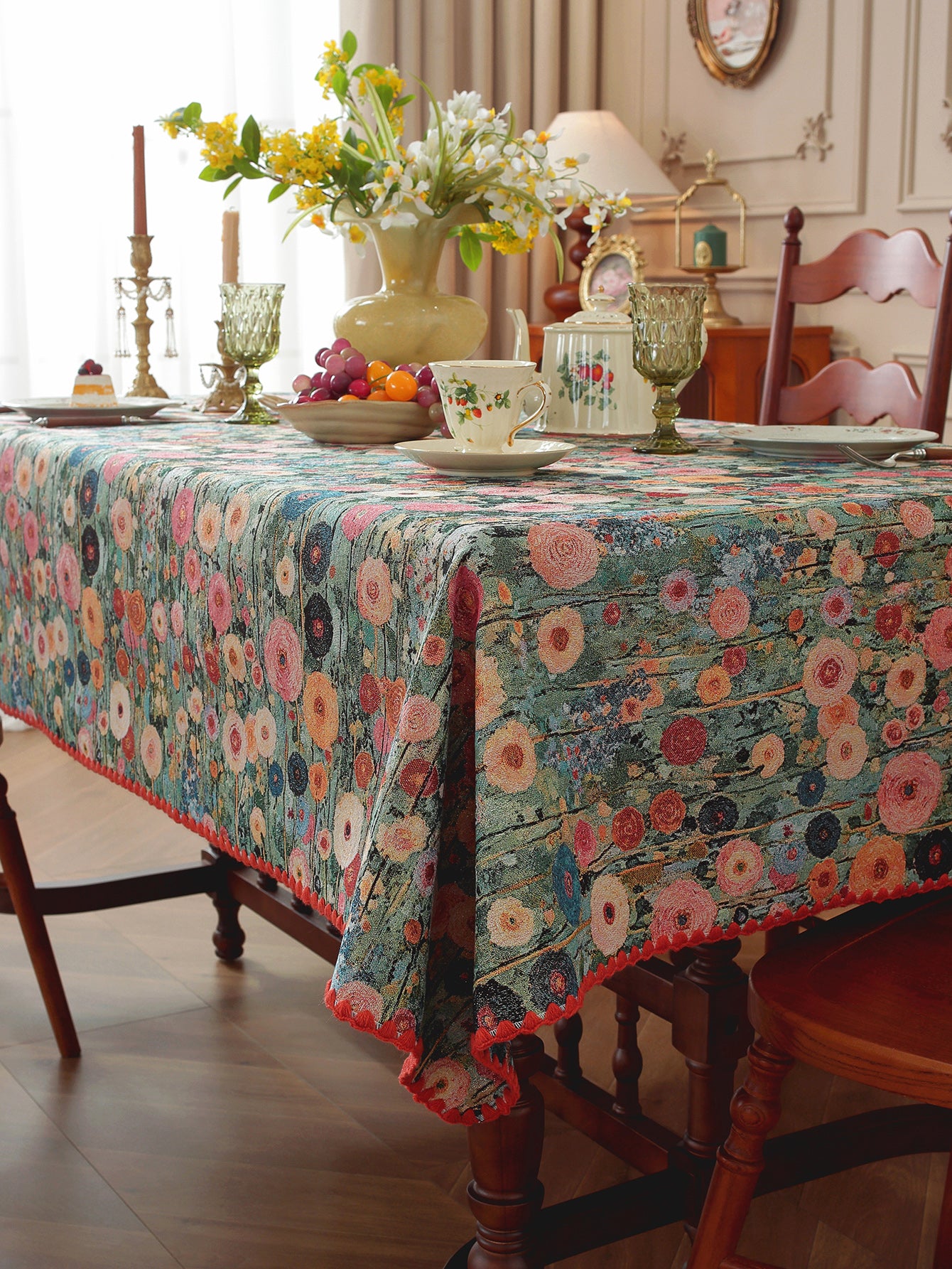 LaLuna Home Golden Thread Floral Jacquard  Tablecloth with Shell Trim - Peony