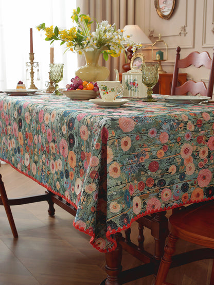 LaLuna Home Golden Thread Floral Jacquard  Tablecloth with Shell Trim - Peony